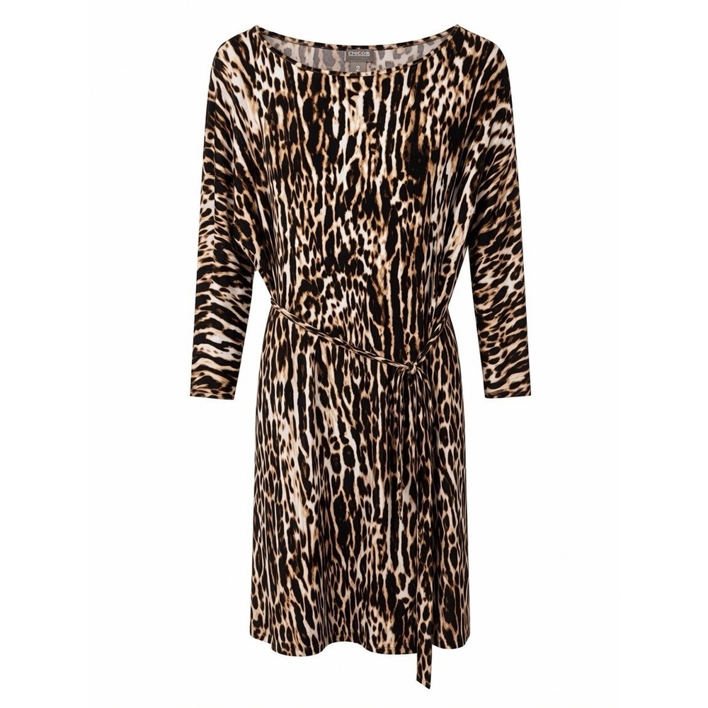 Chico's US Large Silky Stretchy Leopard Print Boat Neck Belted Shift Dress